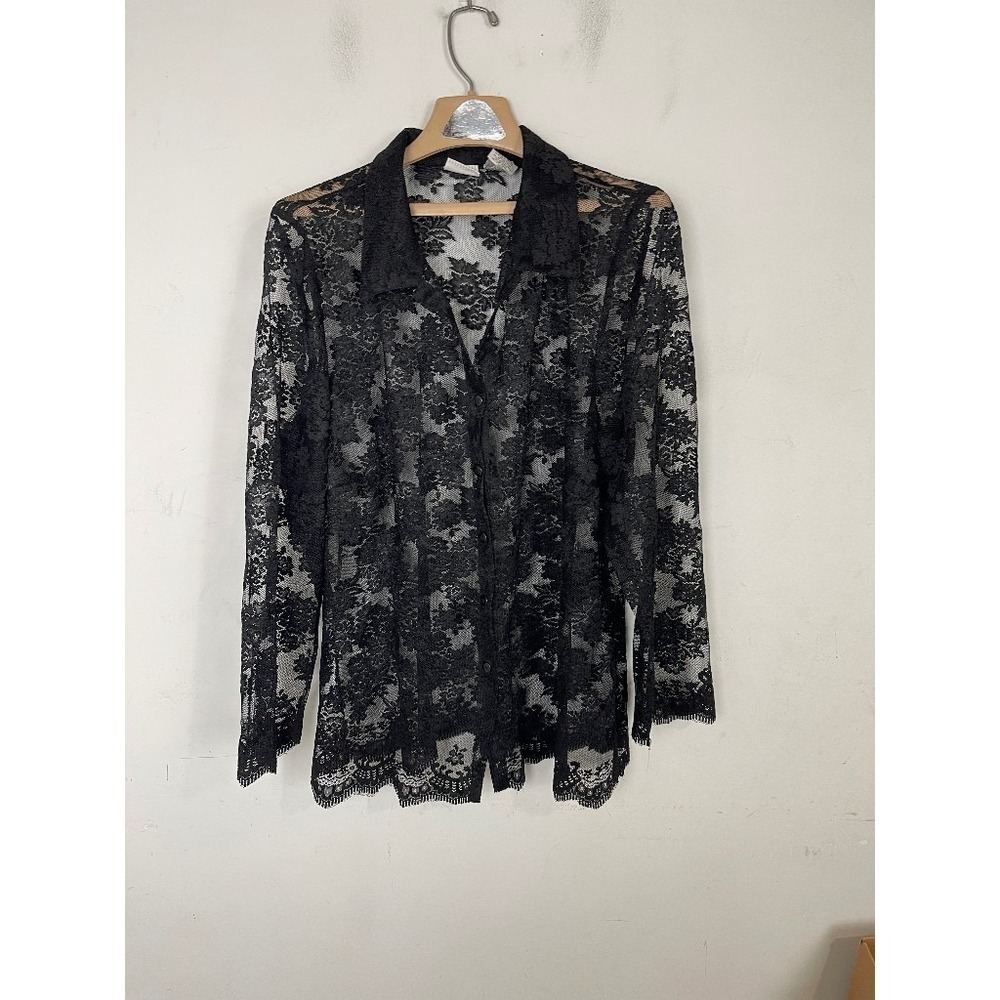 White Stag Womens Blouse Top 18W/20W Black Lace Button Up Goth Emo Dark Romantic